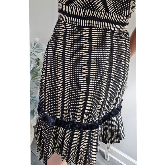 Alexis Grazie Black Beige Stripe Print Pleated Raffia Trim Mini Dress - Picture 12 of 16